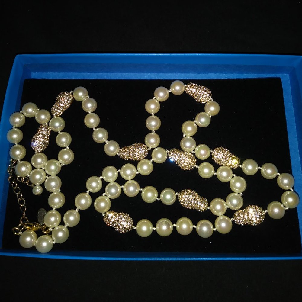 Long Necklace with Faux Pearls & Crystals